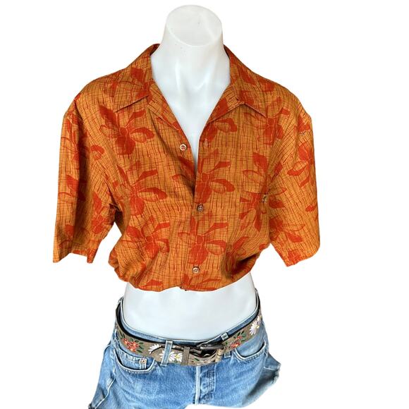 Hawaiian Shirt Button Down Crop Top One Size Boxy Coconutgirl Cotton Unique Rust - Picture 1 of 6